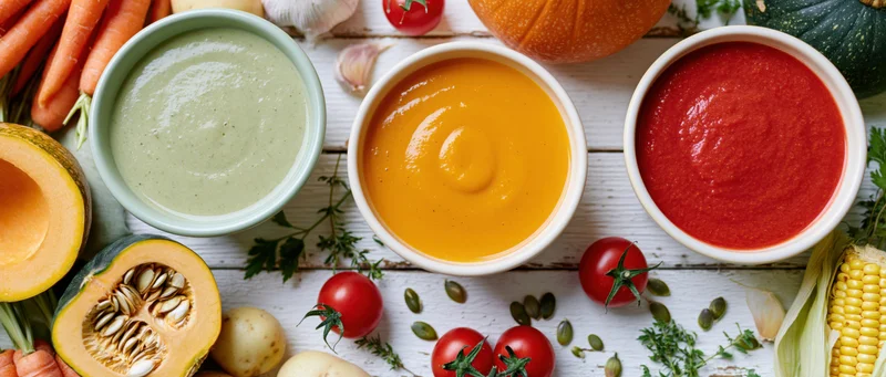 Three bowls of autumn vegetable cream soups arranged on a rustic white wooden table with fresh produce and herbs around