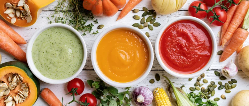 Three bowls of autumn vegetable cream soups arranged on a white wooden table surrounded by fresh ingredients