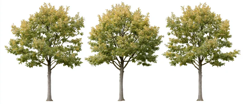 Three deciduous trees with green and yellow foliage standing isolated on white background