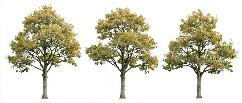 Three deciduous trees with autumn foliage standing isolated on white background