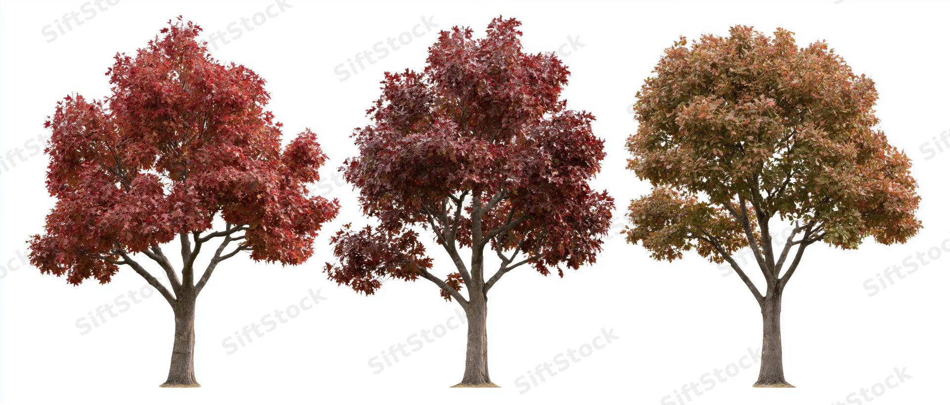 Three deciduous trees in full autumn foliage arranged side by side on white background