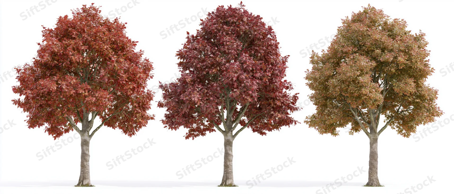 Three deciduous trees in full autumn foliage arranged side by side on white background