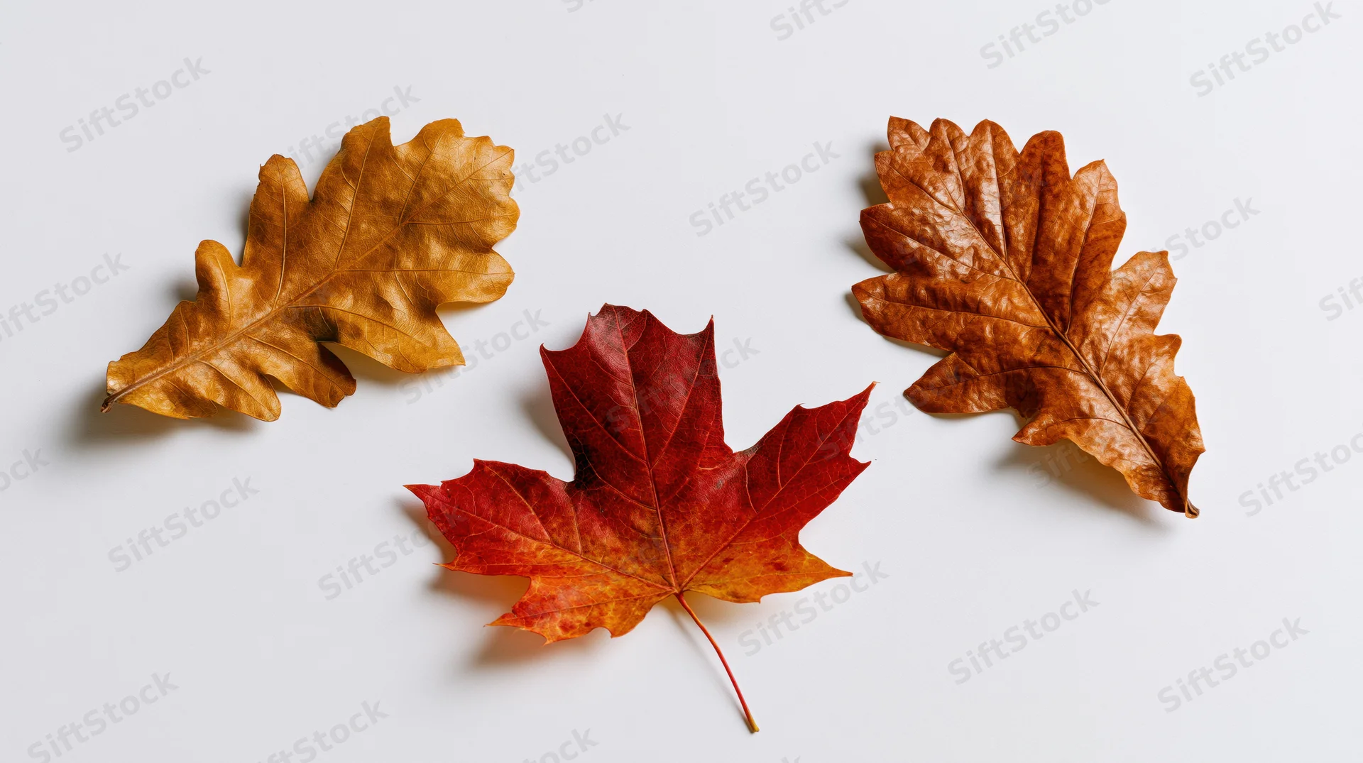 Three dry autumn leaves arranged on a plain white surface