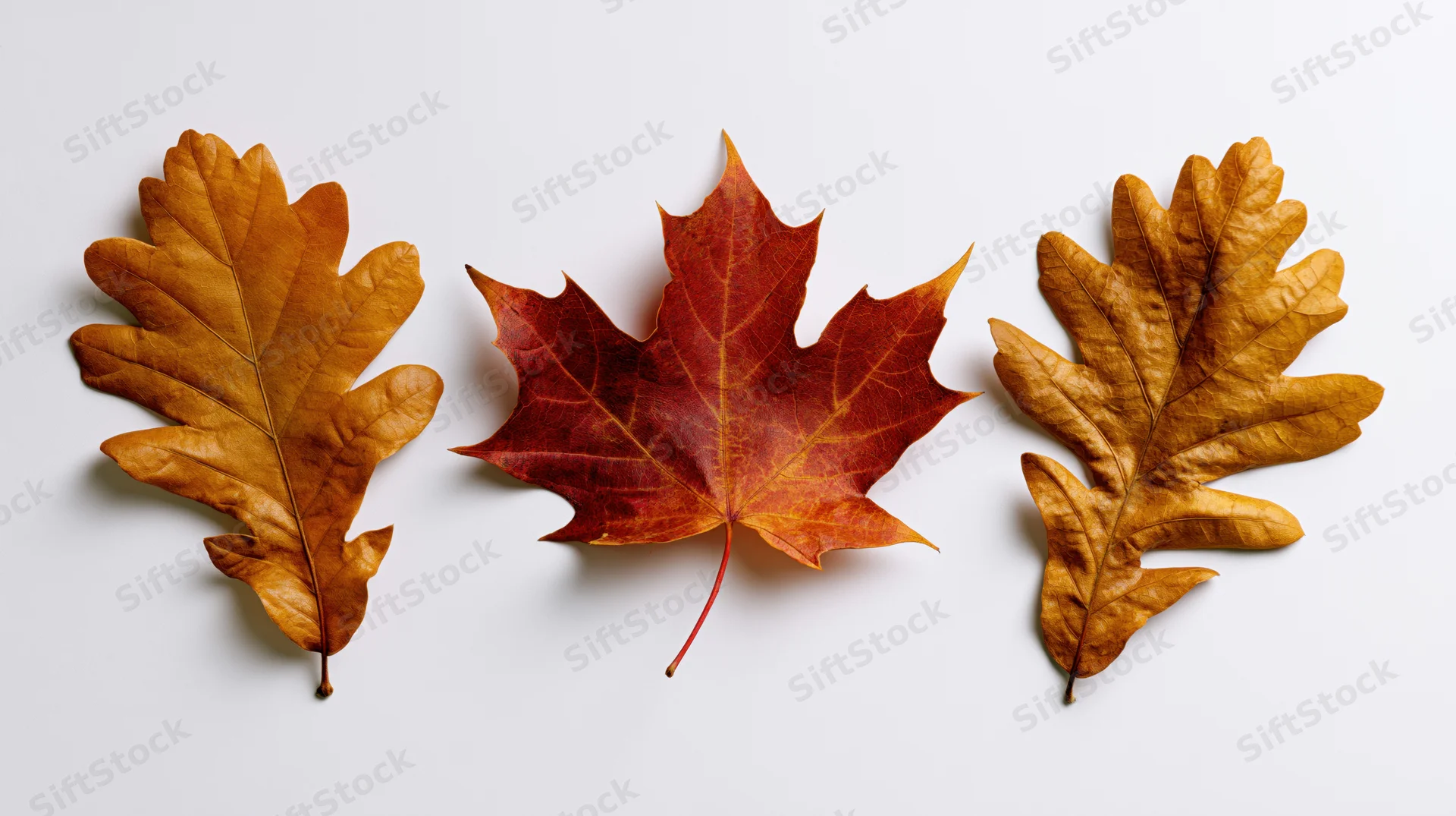 Three dried autumn leaves arranged in a row on a white surface
