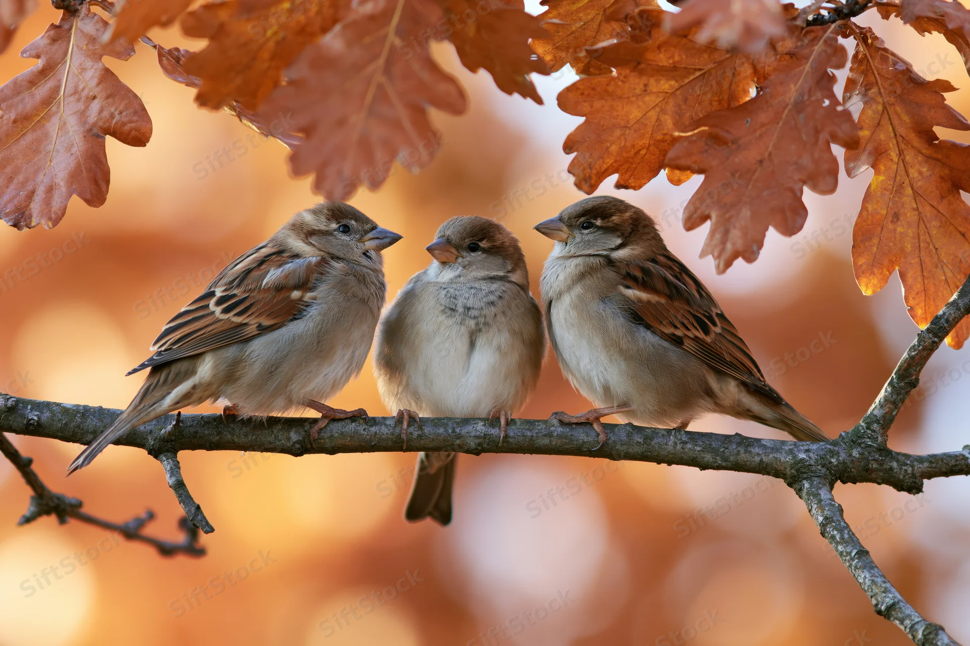 Three sparrows perched together on a branch beneath autumn oak leaves