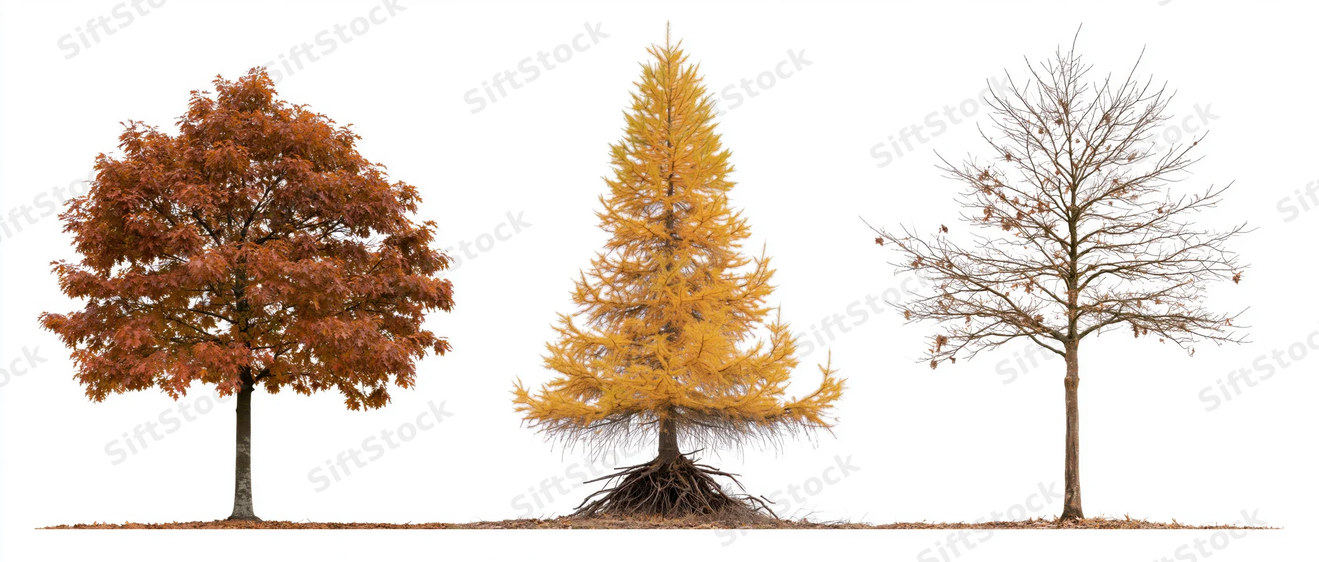Three autumn trees side by side against a white background