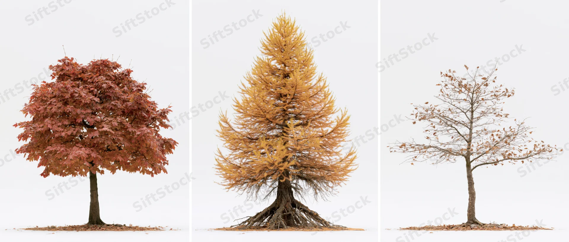 Three autumn trees side by side against a white background