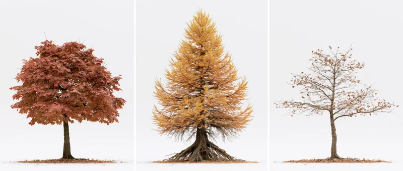Three autumn trees side by side against a white background