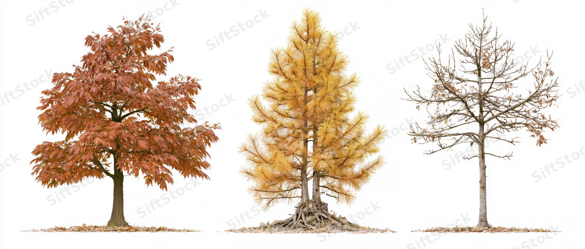 Three autumn trees in different stages of leaf loss side by side on white background