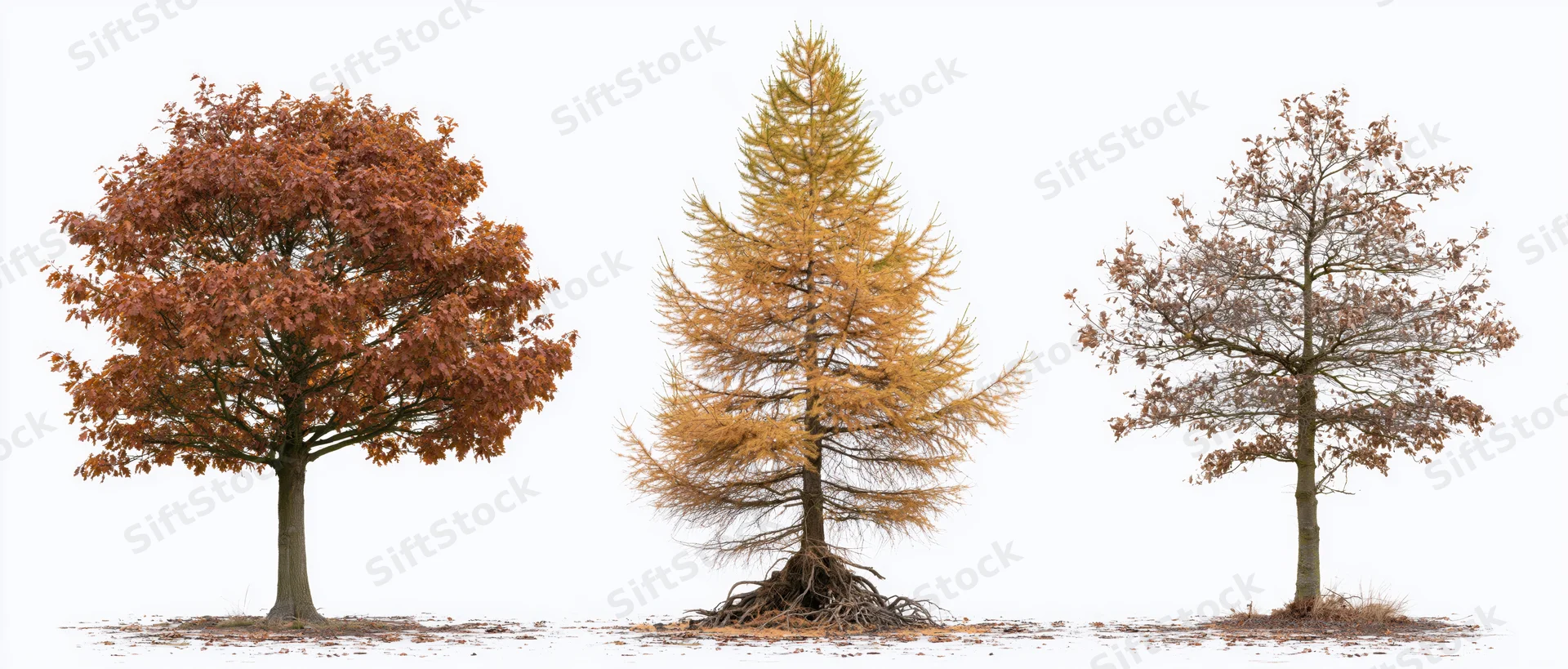 Three autumn trees with different foliage stages isolated on white background