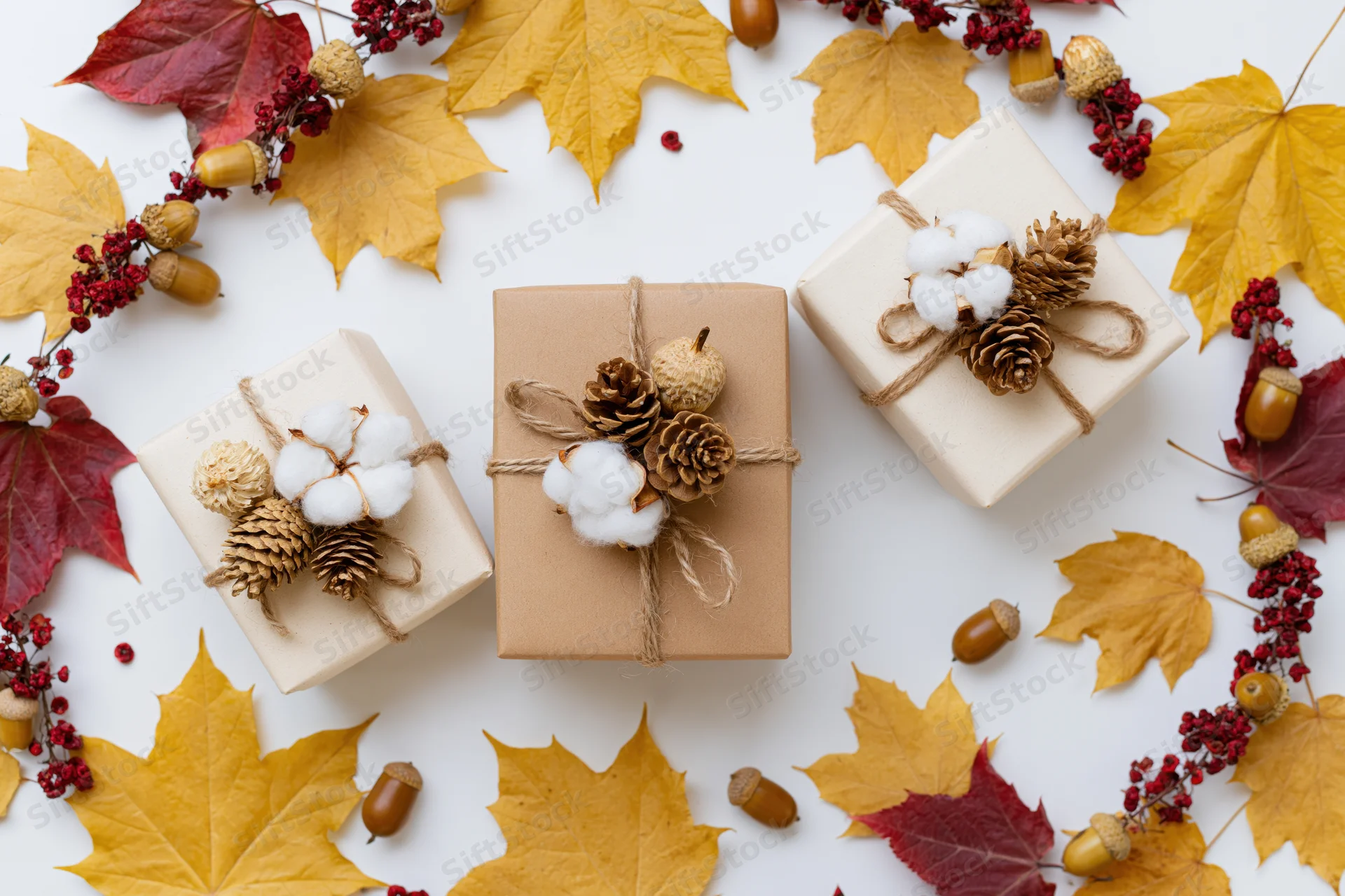 Three kraft paper gift boxes tied with twine and decorated with pinecones, cotton, acorns, and autumn leaves arranged on white surface