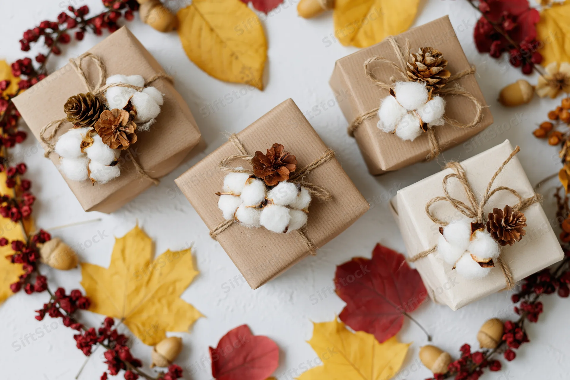 Four kraft paper gift boxes decorated with pinecones, cotton, and twine arranged on a white surface with autumn leaves and berries