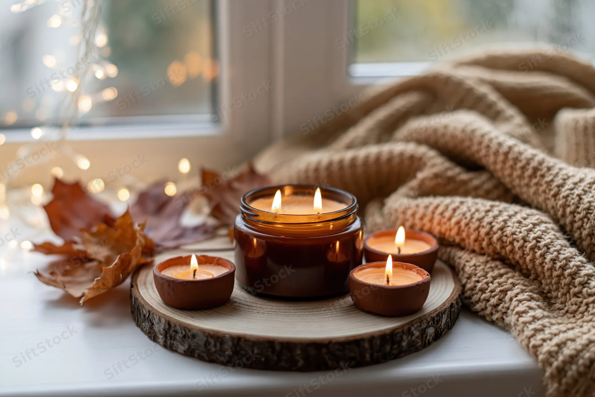 Lit candles arranged on a wooden slice beside a window with autumn leaves and a knit blanket