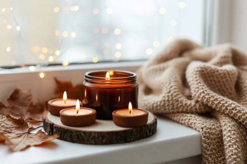 Lit candles arranged on a wooden slice beside a window with autumn leaves and a knitted sweater