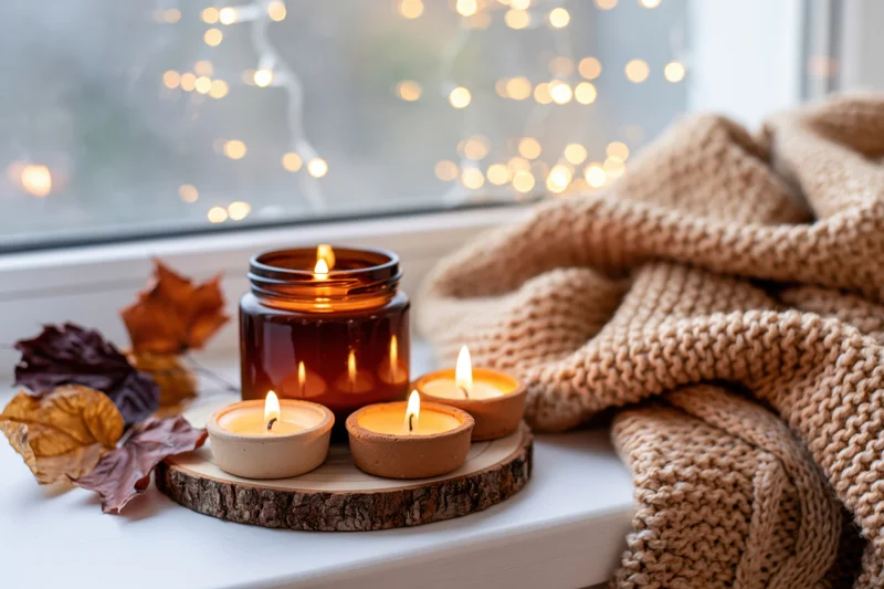 Lit candles on a wood slice beside a knitted blanket and dried leaves by a window with bokeh lights