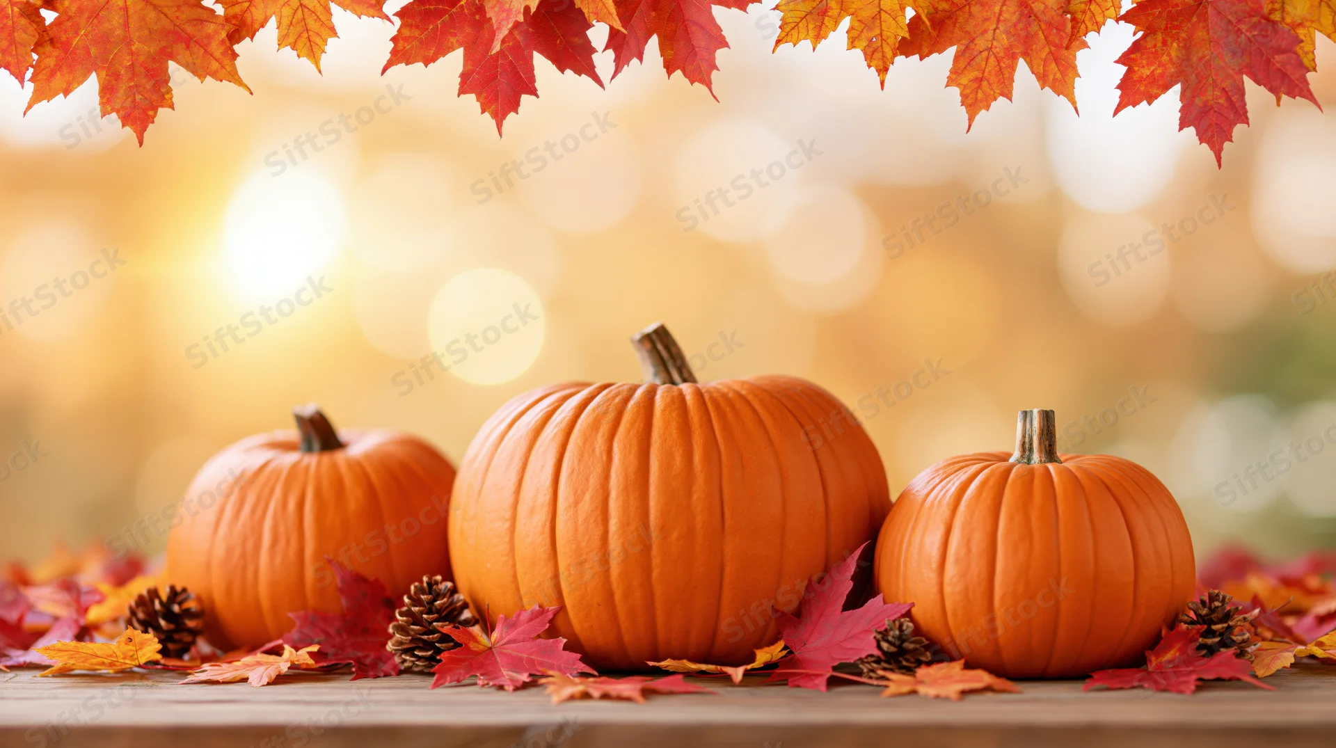 Three orange pumpkins of varying sizes arranged on a wooden table surrounded by autumn leaves and pinecones with warm bokeh background