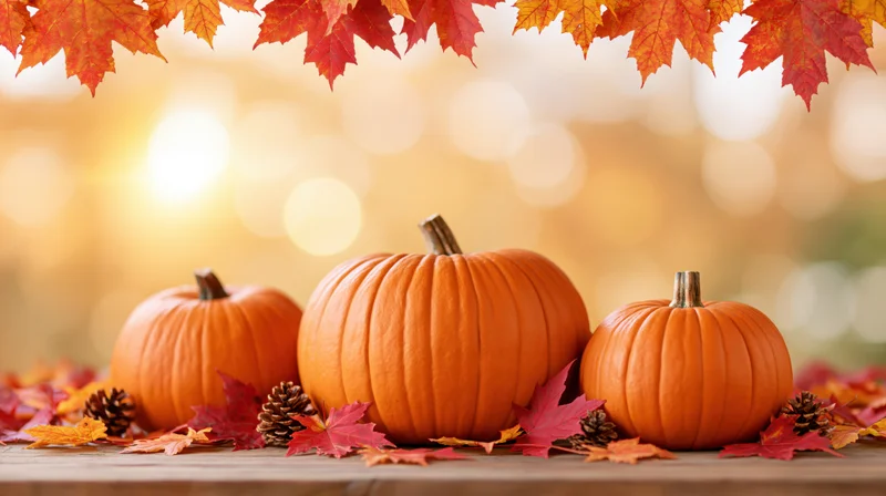 Three orange pumpkins of varying sizes arranged on a wooden table surrounded by autumn leaves and pinecones with warm bokeh background
