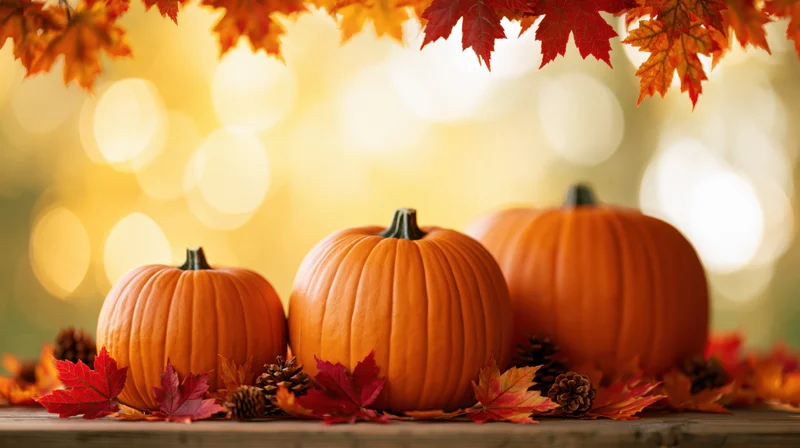Three orange pumpkins of varying sizes arranged on a wooden table with autumn leaves and pinecones, warm bokeh lights in background