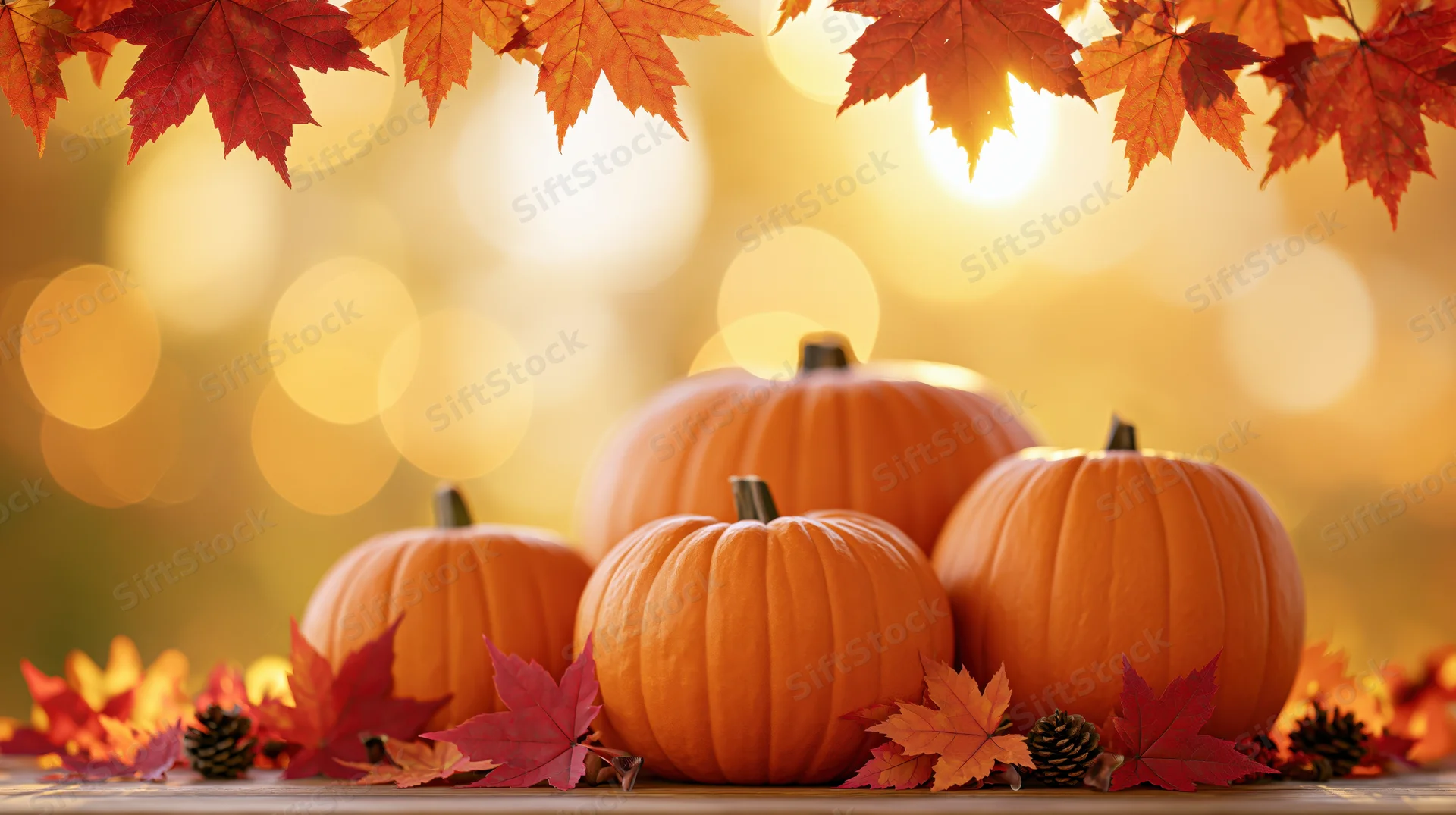 Three orange pumpkins of varying sizes arranged on a wooden table with autumn leaves and pinecones, warm bokeh lights in background