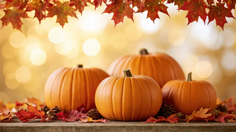 Three orange pumpkins of varying sizes arranged on a wooden table surrounded by autumn leaves and pinecones with warm bokeh lights in the background
