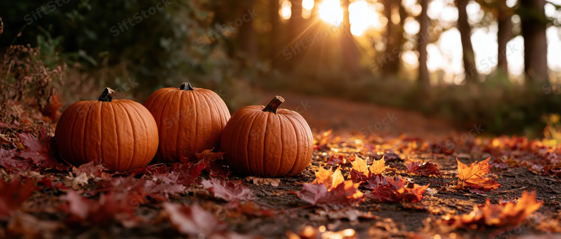 Three pumpkins resting on a leaf-covered forest path at golden hour