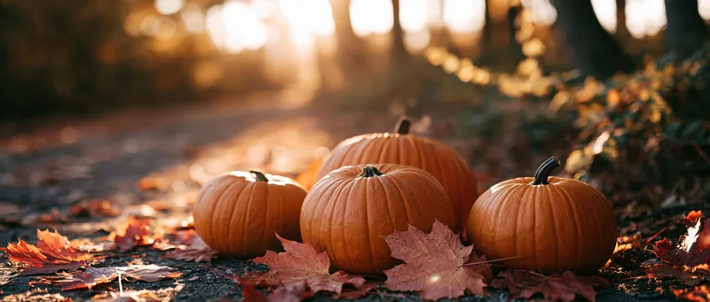 Three pumpkins of varying sizes resting on leaf-covered ground in a sunlit forest during autumn