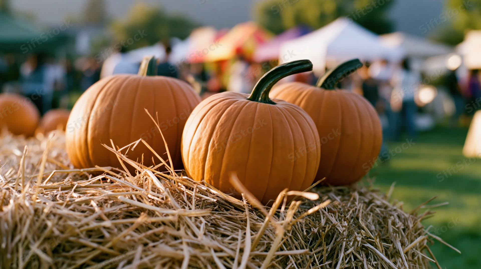 Three orange pumpkins resting on a hay bale at an outdoor autumn festival