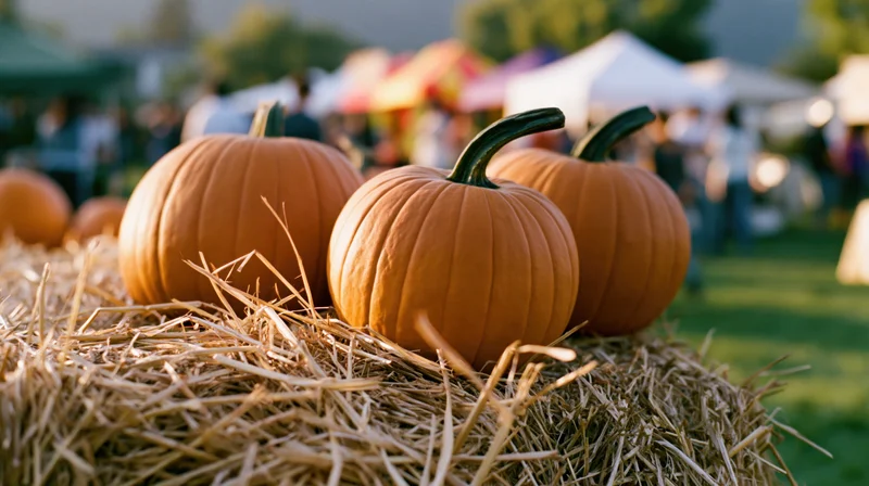 Three orange pumpkins resting on a hay bale at an outdoor autumn festival