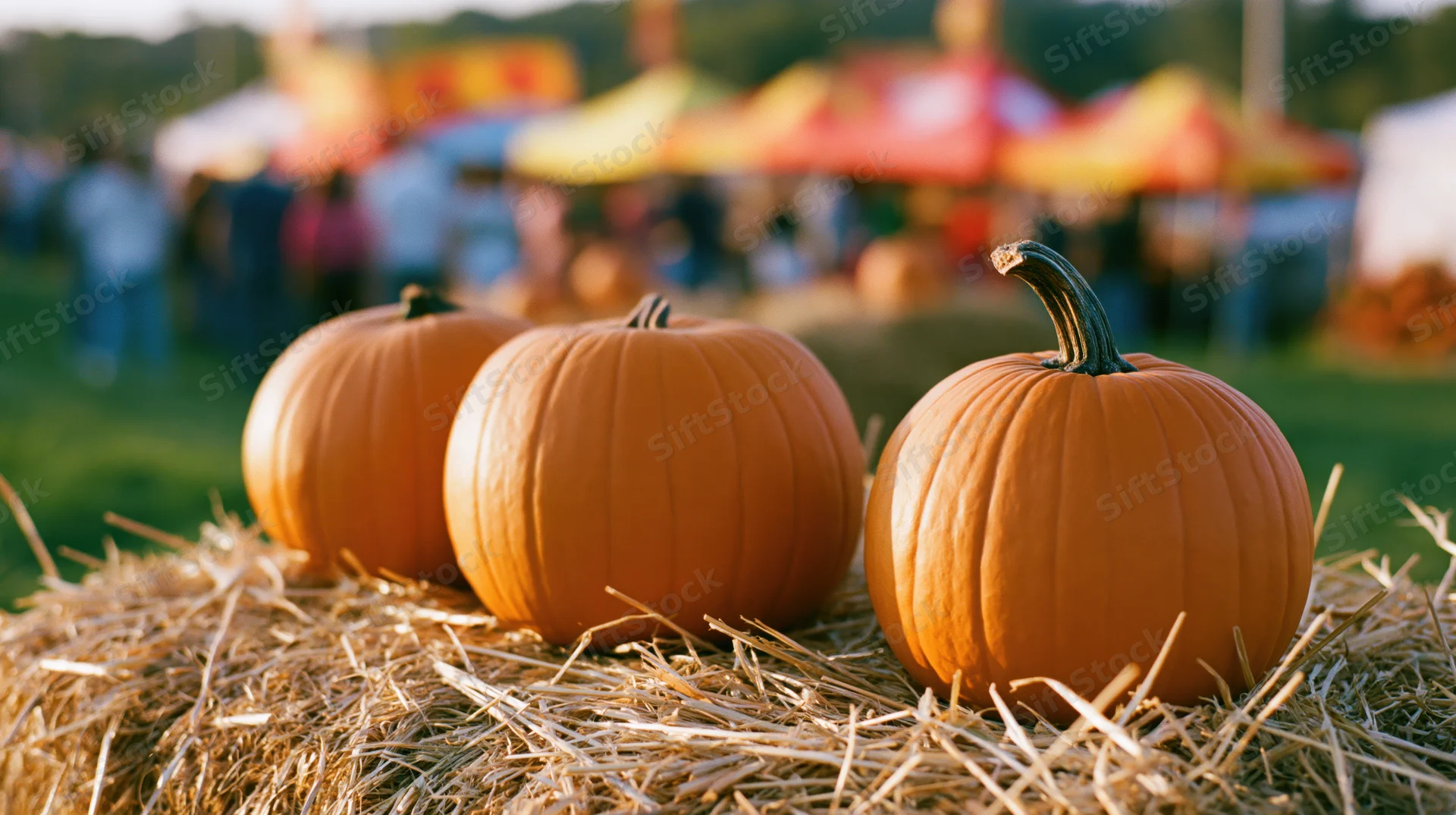 Three orange pumpkins resting on a hay bale at an outdoor autumn festival