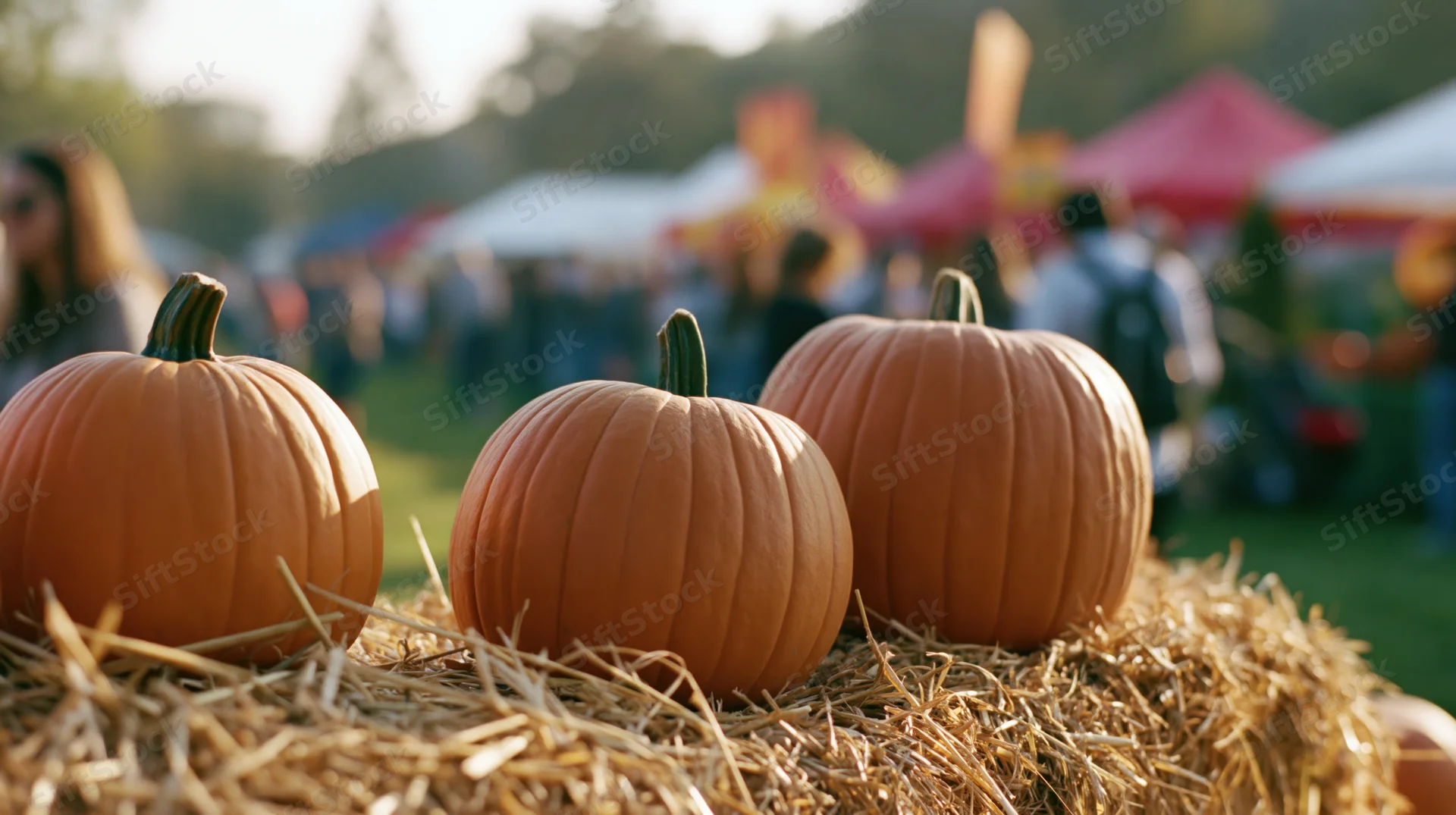 Three orange pumpkins resting on a hay bale at an outdoor autumn festival