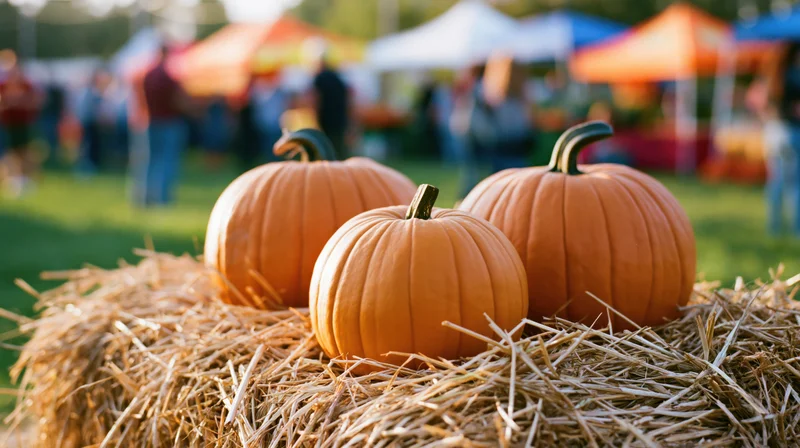 Three orange pumpkins resting on a hay bale at an outdoor autumn festival