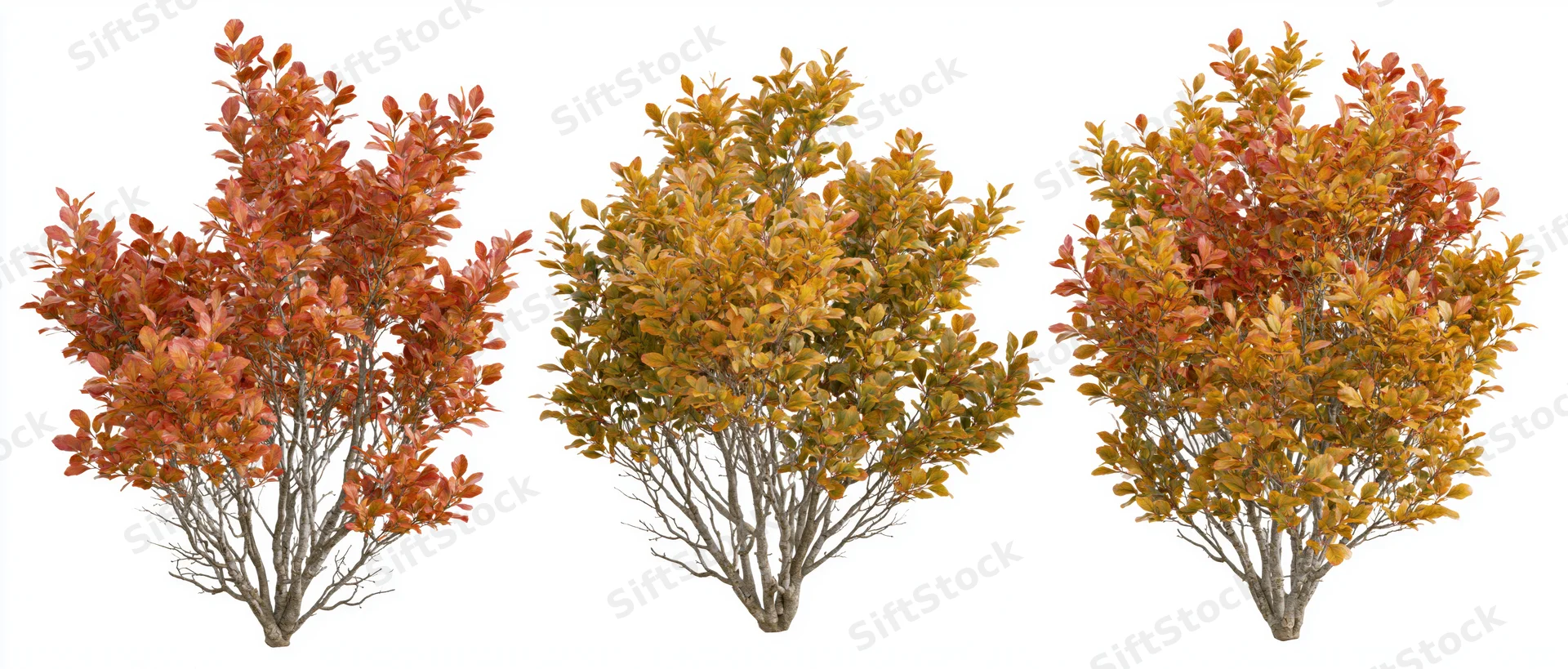 Three small deciduous shrubs with autumn foliage in full color against white background