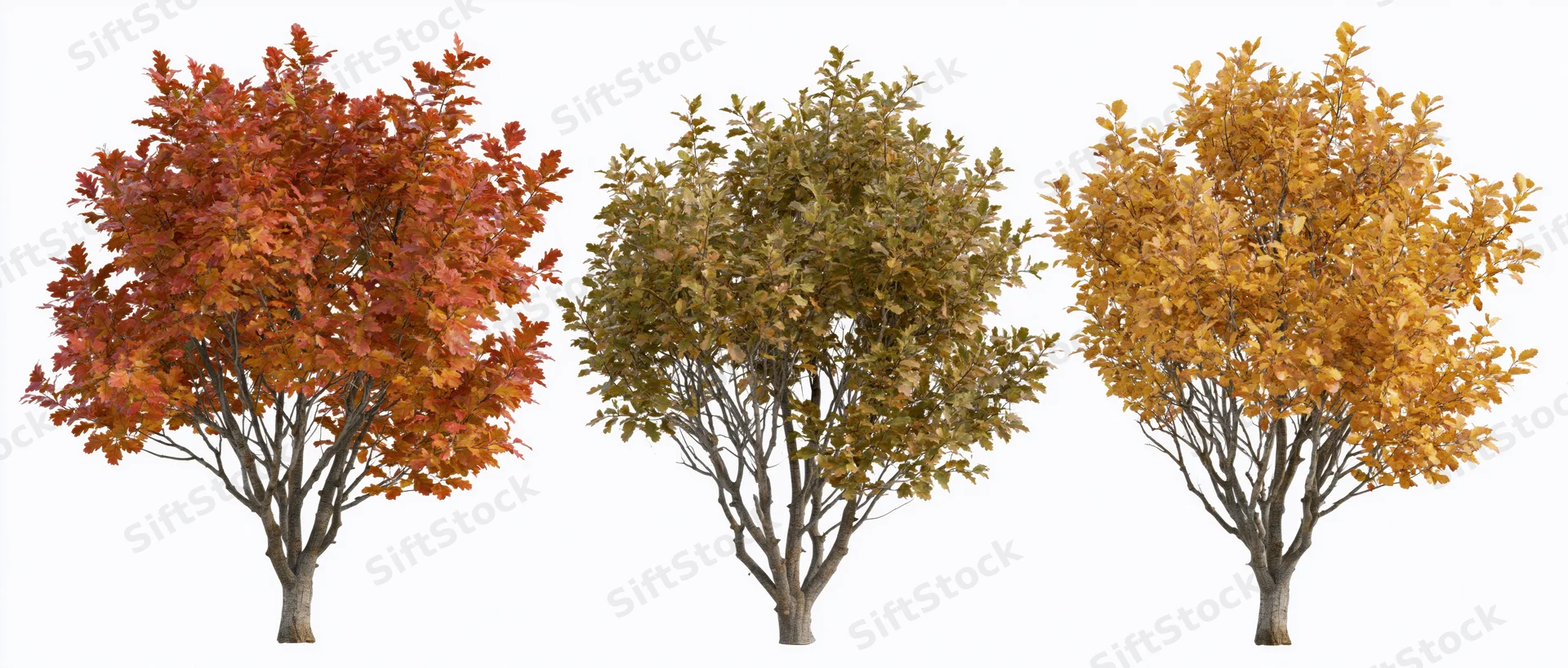 Three small deciduous trees with autumn foliage in full color isolated on white