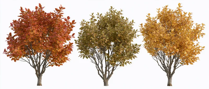 Three small deciduous trees with autumn foliage in full color isolated on white