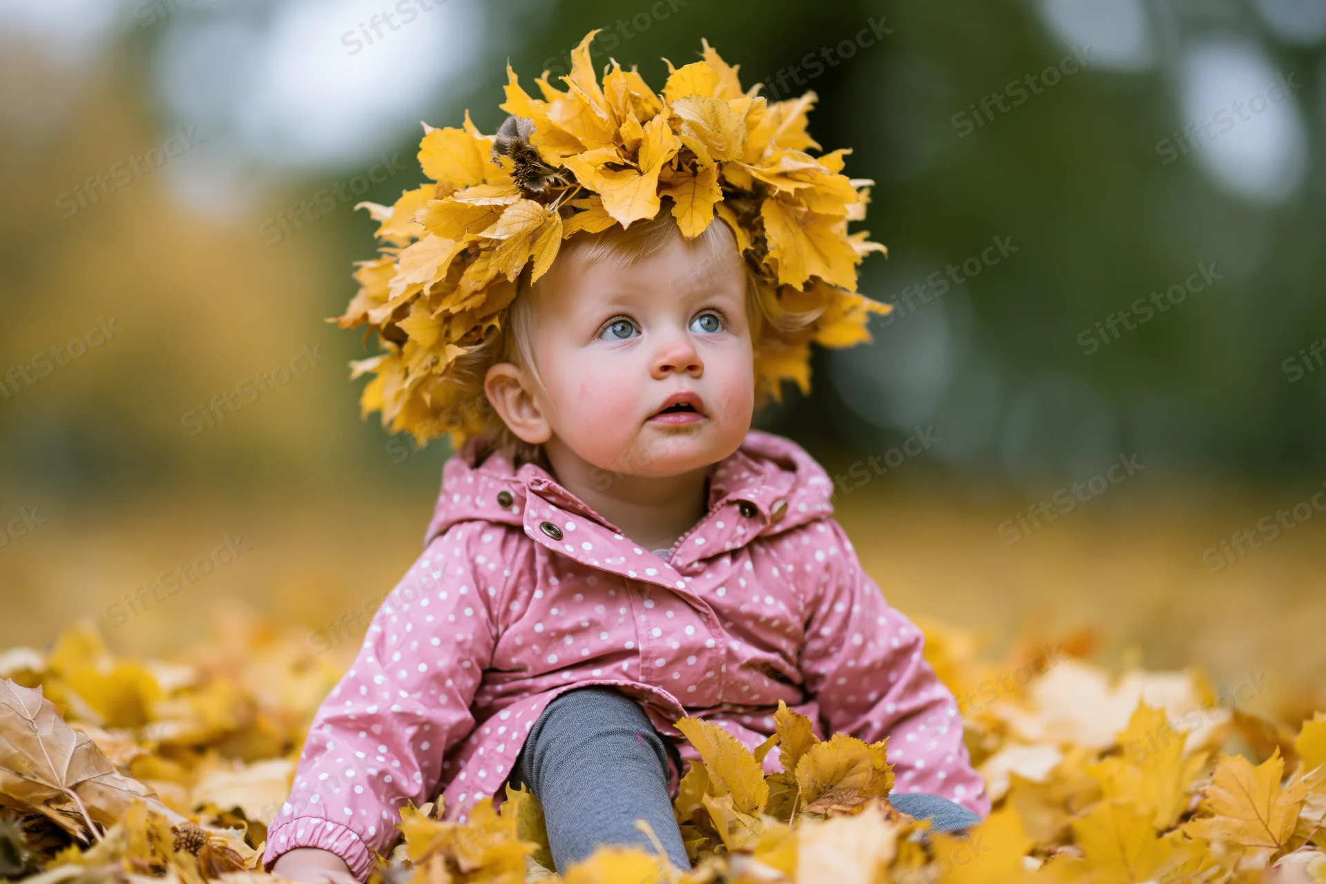 Toddler girl wearing leaf crown sitting in autumn maple leaves outdoors