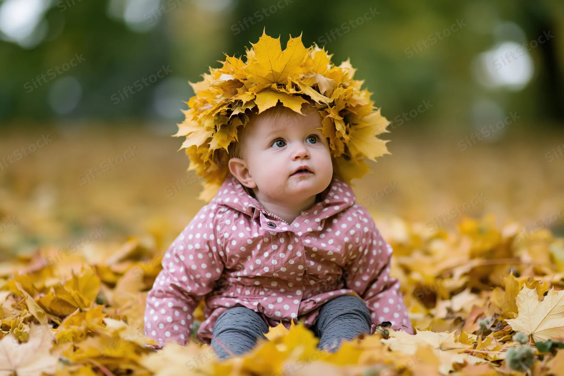 Toddler girl sitting in a pile of fallen autumn maple leaves wearing a leaf crown and pink polka dot jacket