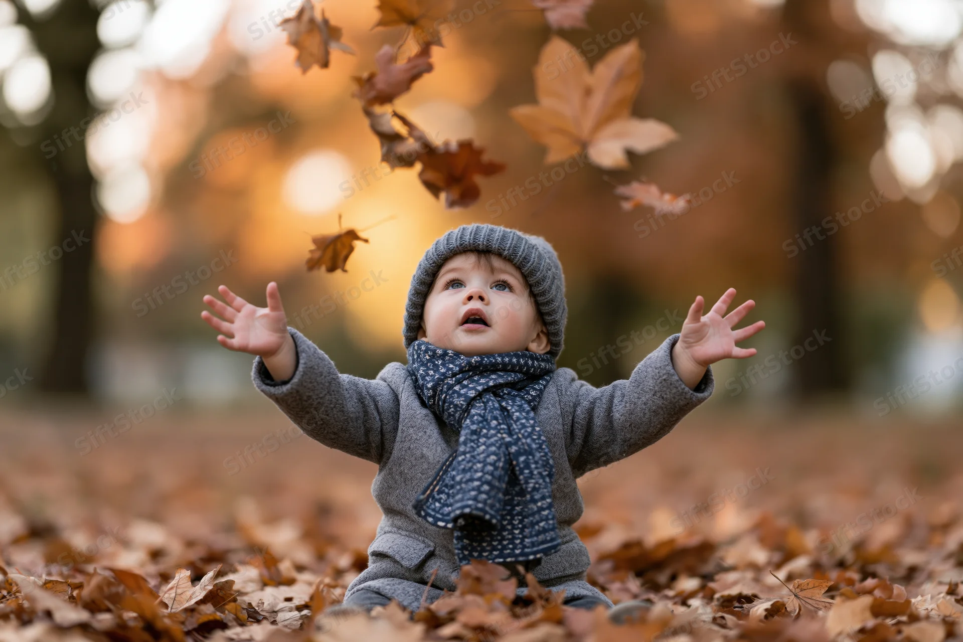 Toddler sitting on fallen autumn leaves in a park with arms raised, wearing a gray coat, scarf and hat
