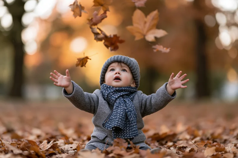 Toddler sitting on fallen autumn leaves in a park with arms raised, wearing a gray coat, scarf and hat