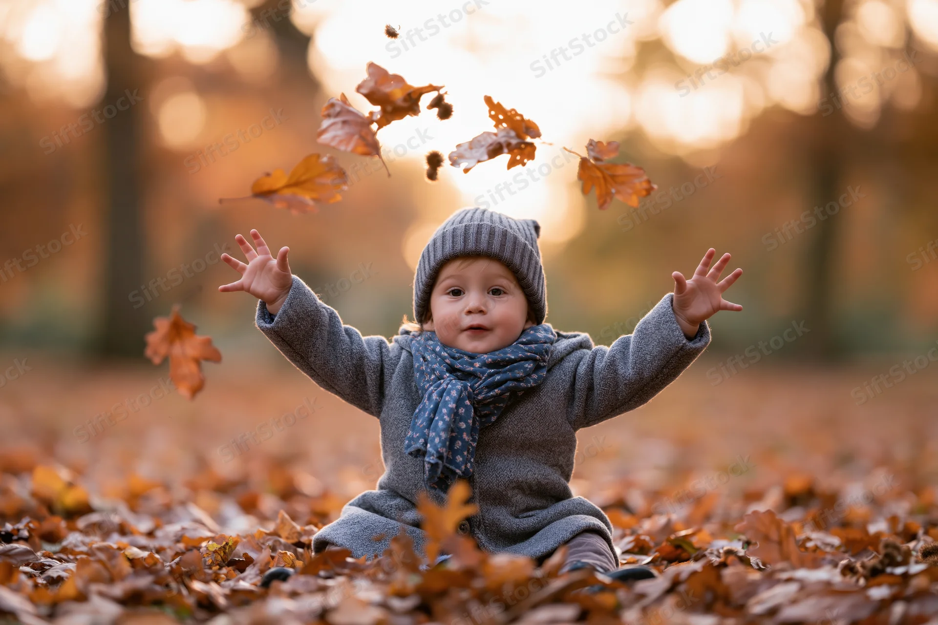Toddler sitting on fallen autumn leaves in a park, arms raised, surrounded by floating leaves, wearing gray coat, hat and blue scarf