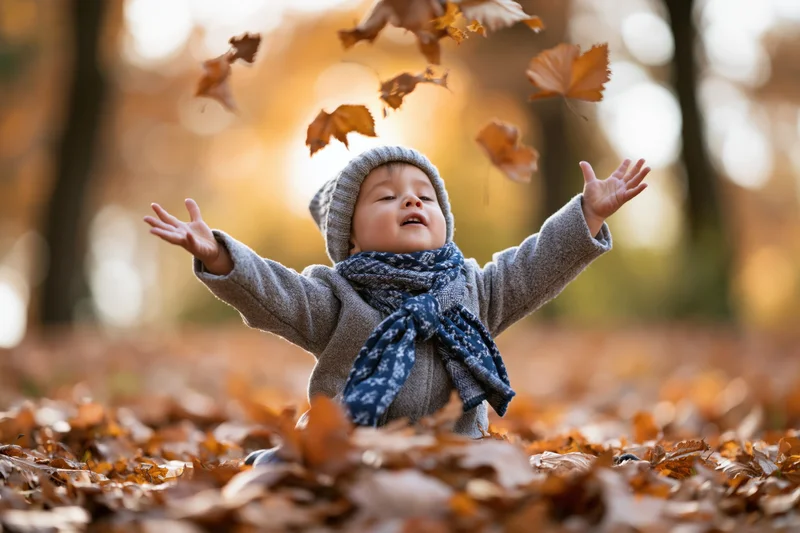 Toddler sitting on fallen autumn leaves in a park with arms outstretched, surrounded by falling foliage
