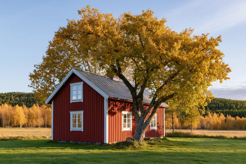 Red swedish farmhouse with golden autumn tree in rural countryside field