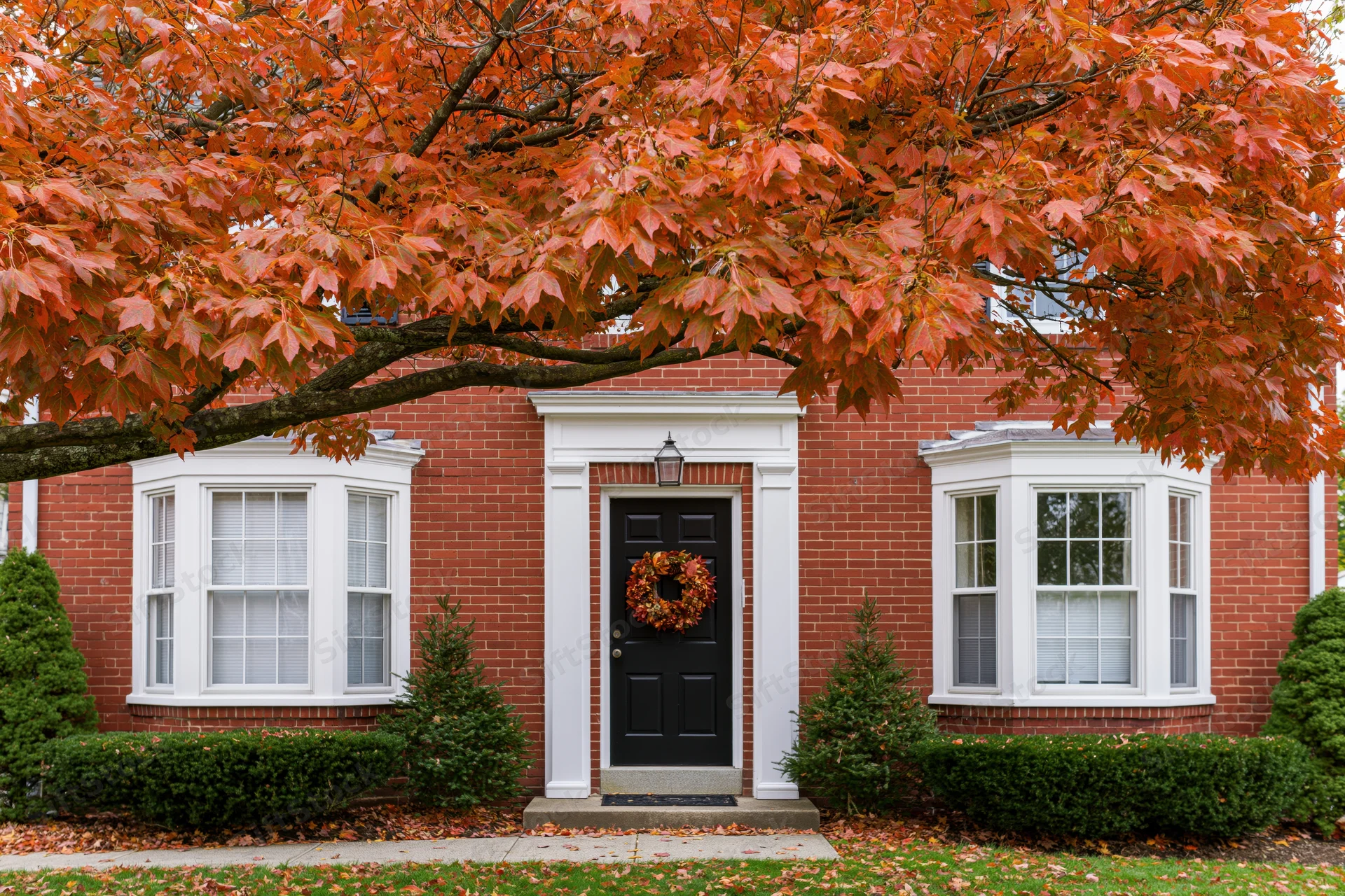 Red brick colonial house exterior with black front door and autumn wreath under orange maple tree branches