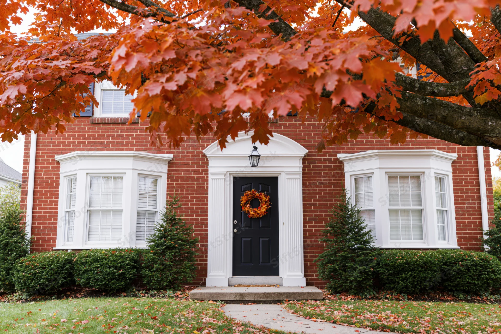 Red brick colonial house exterior with black front door and autumn wreath under orange maple tree branches