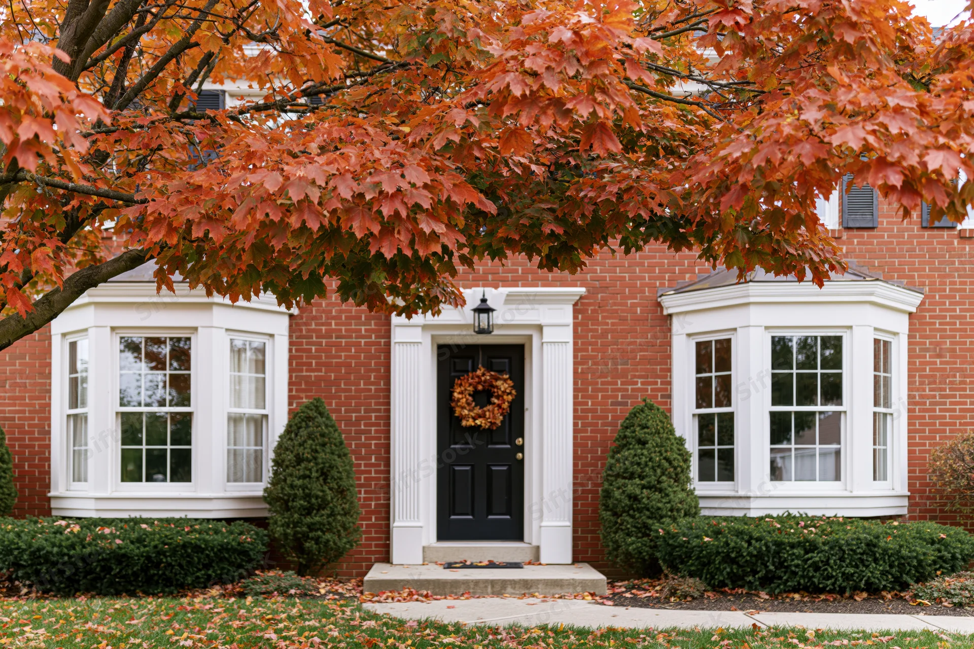 Red brick colonial home with black front door and autumn wreath under orange maple branches