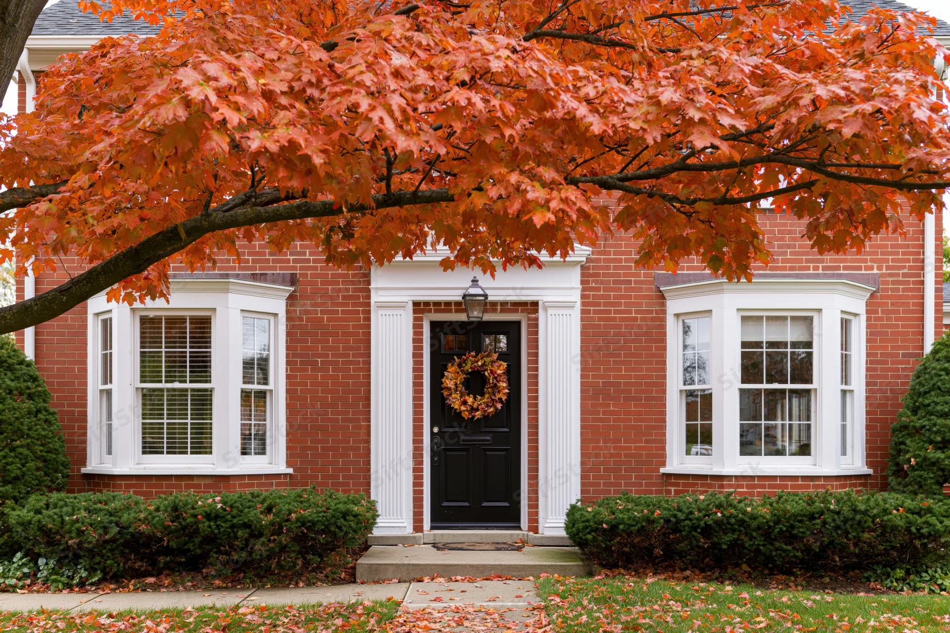 Red brick colonial house exterior in autumn with orange foliage and a wreath on the black front door
