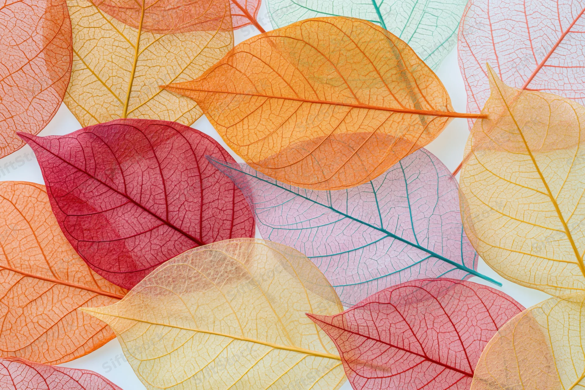 Translucent skeleton leaves arranged in overlapping flat lay on white background