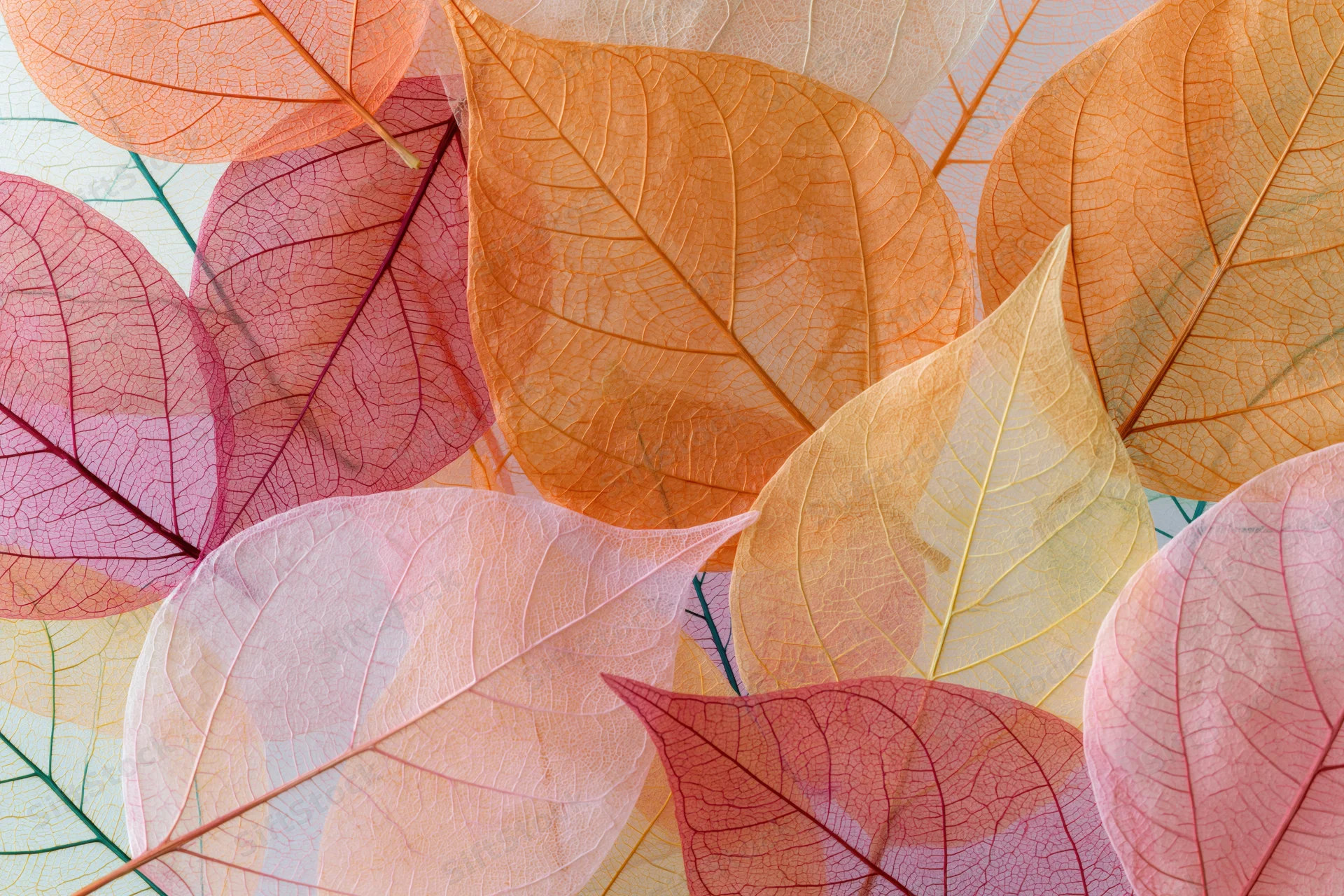 Translucent skeleton leaves arranged in overlapping flat lay on white surface