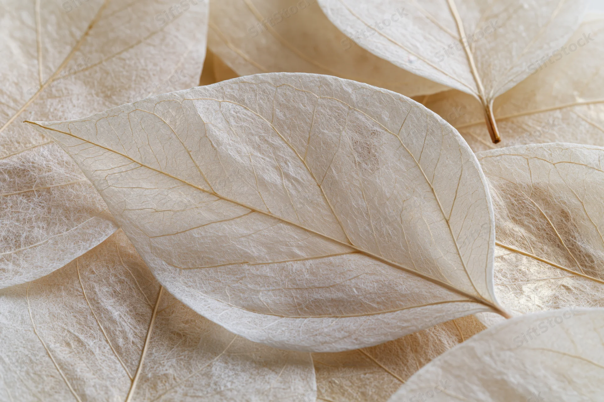 Translucent skeleton leaves layered and overlapping in a flat lay arrangement