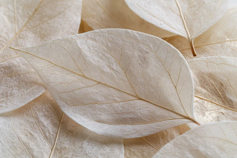 Translucent skeleton leaves layered and overlapping in a flat lay arrangement