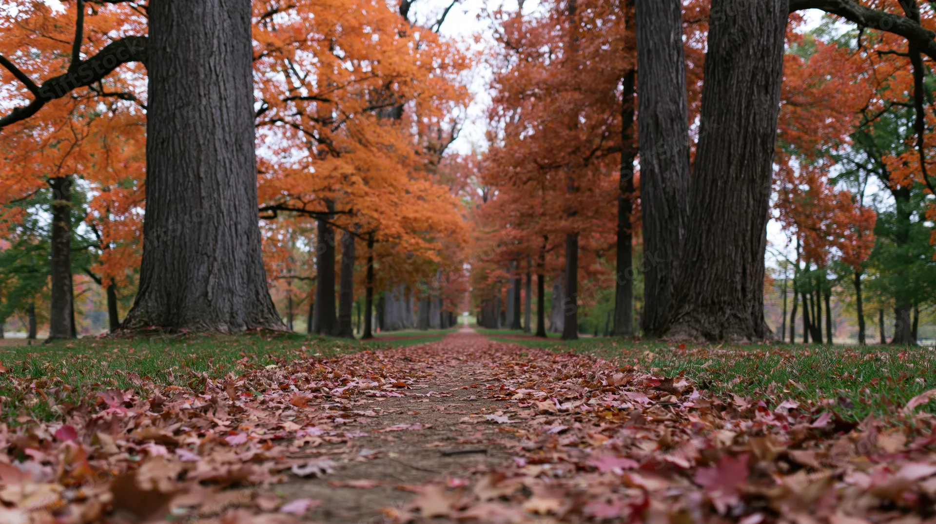 Dirt path covered in fallen autumn leaves between tall trees in a park